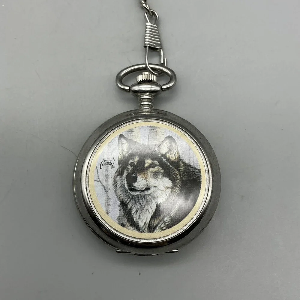 Al Agnew Pocket Watch Men 46mm Silver Tone Wolf Full Hunter Chain New Battery